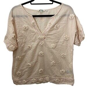 Boden Pink Shirt Short Sleeve top‎ embroidered W/ Floral rosettes Sz US 10